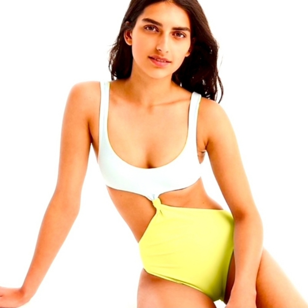 J. Crew Reversible Knot Front One Piece in Lemon Sky